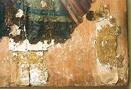 Detailansicht, rechts unten, Zwischenzustand: Abgelste Leinwandstreifen, blasen- & dachfrmig aufstehende Malschicht