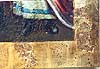 Detailansicht, rechts unten, Zwischenzustand: Vergoldet, glanzpoliert & durchgerieben. Eingearbeitete, erhaltene Originalpartien, ergnzende Retusche in der Malerei